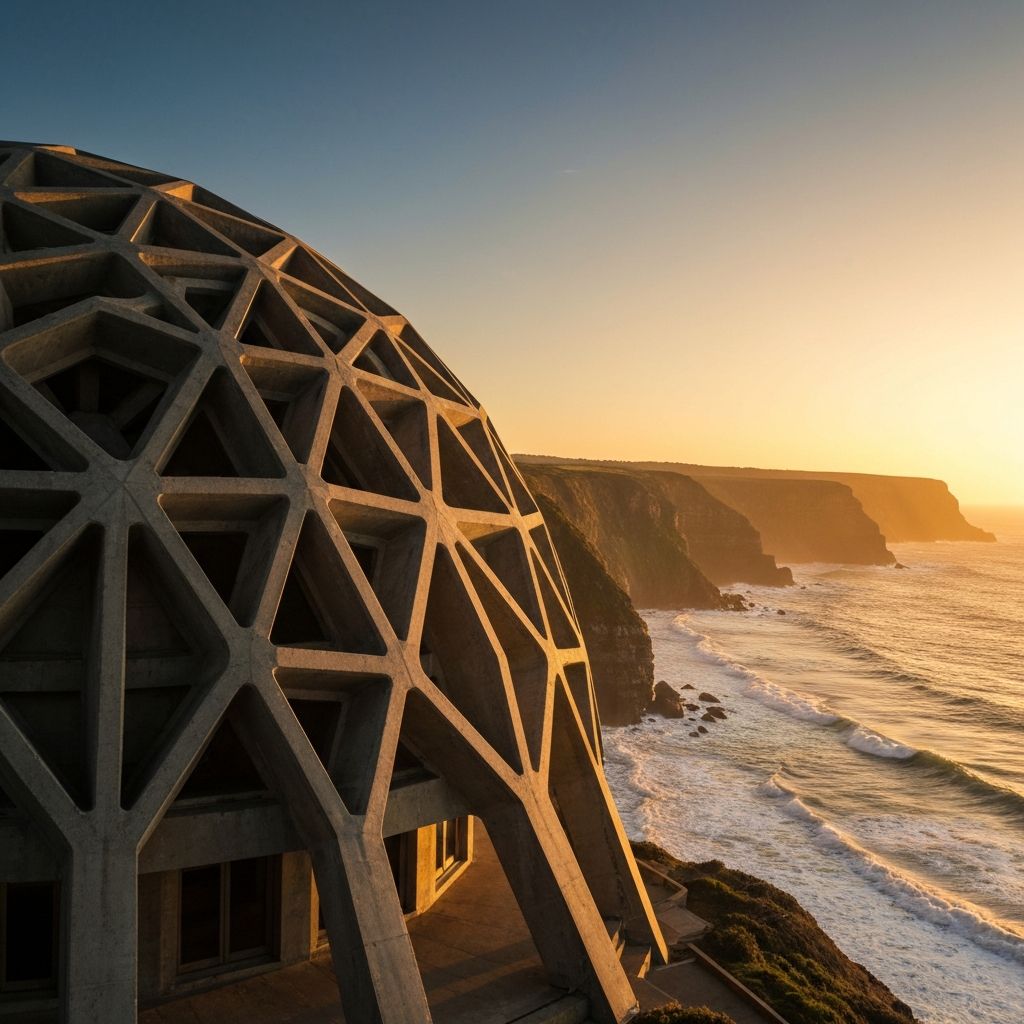 Geodesic dome over Atlantic at sunset
