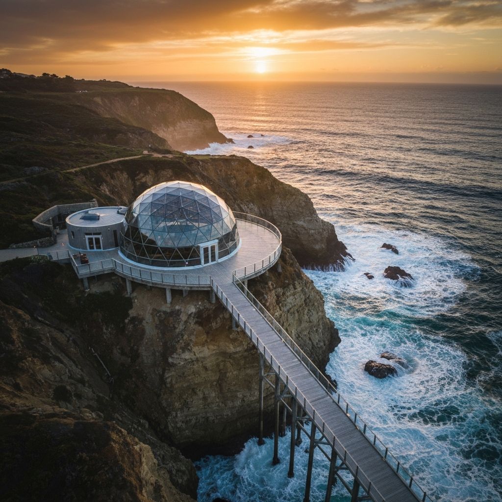Oasis Pier geodesic dome with pier at sunset