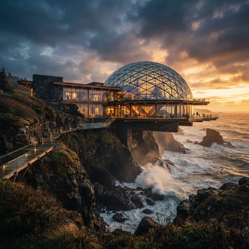 The geodesic glass lattice of Oasis Pier catching coastal light