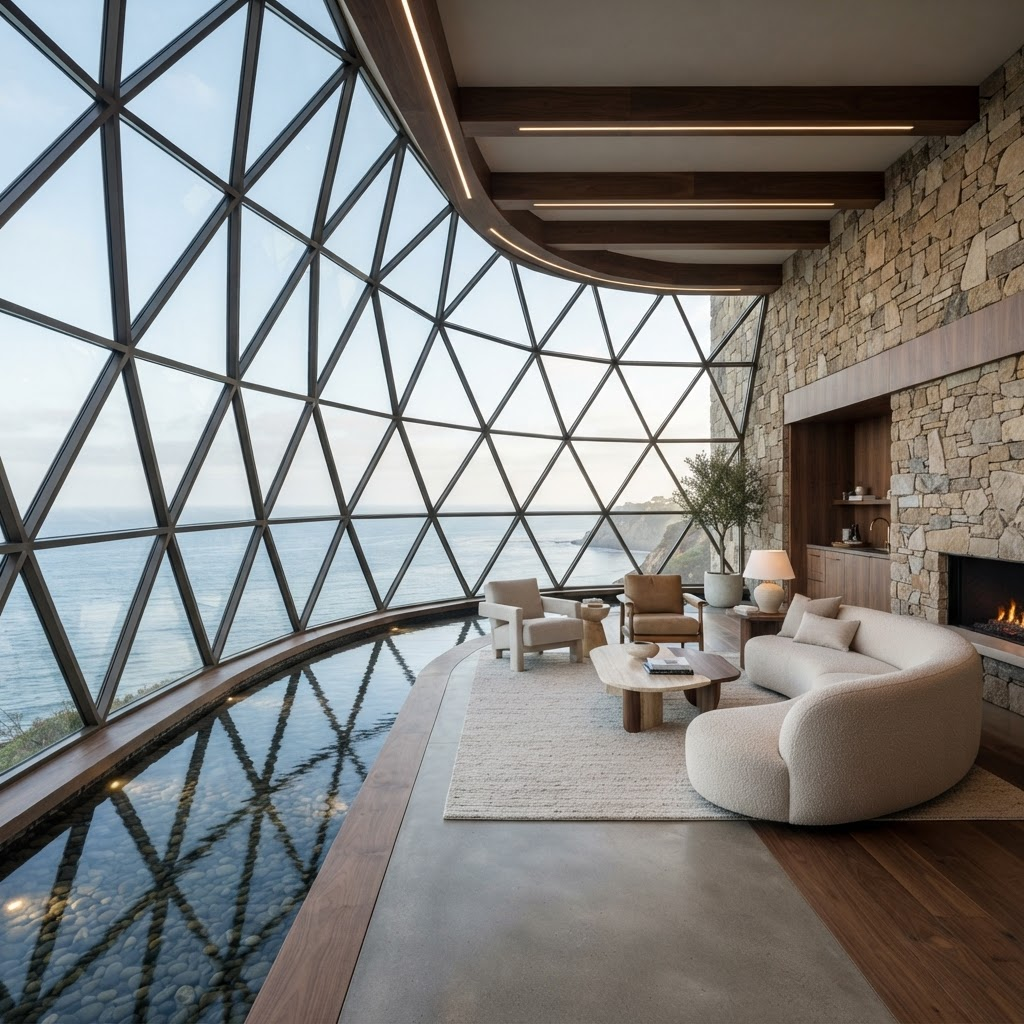 Organic interior of Oasis Pier blending stone, wood, water and glass
