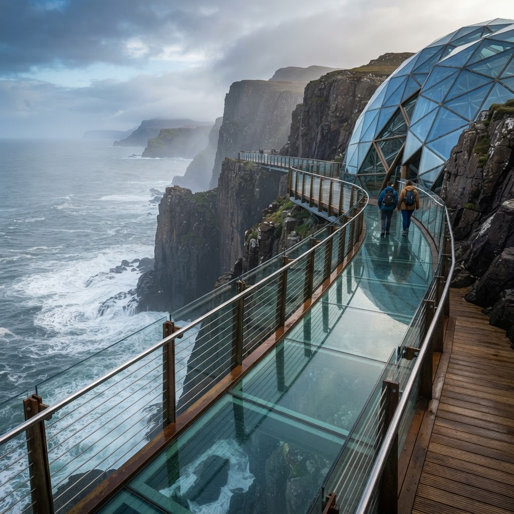 Suspended glass walkway at the ocean edge of Oasis Pier