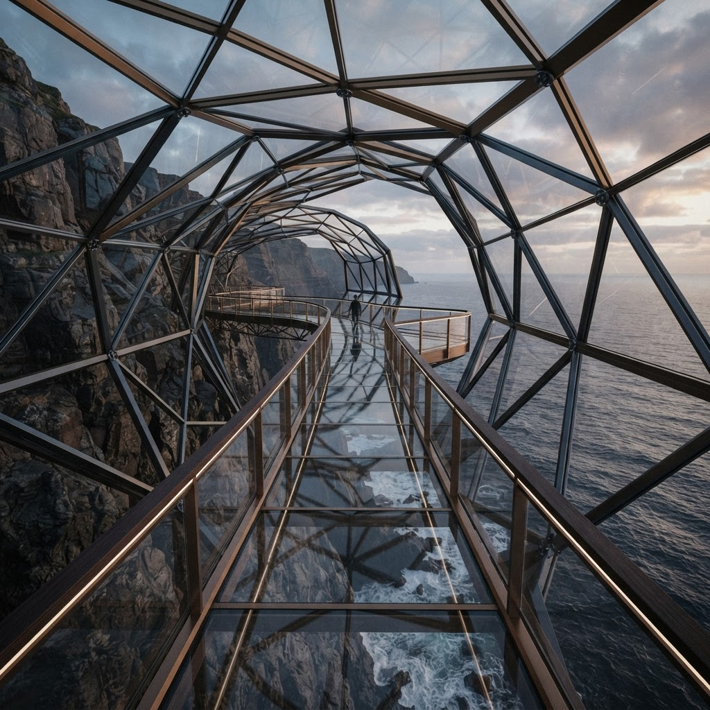 A suspended glass promenade threading through the lattice along the ocean cliff edge