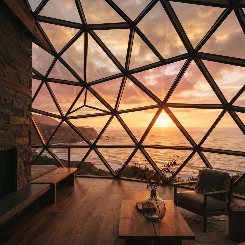 Sunset refracted through the geodesic glass lattice of Oasis Pier
